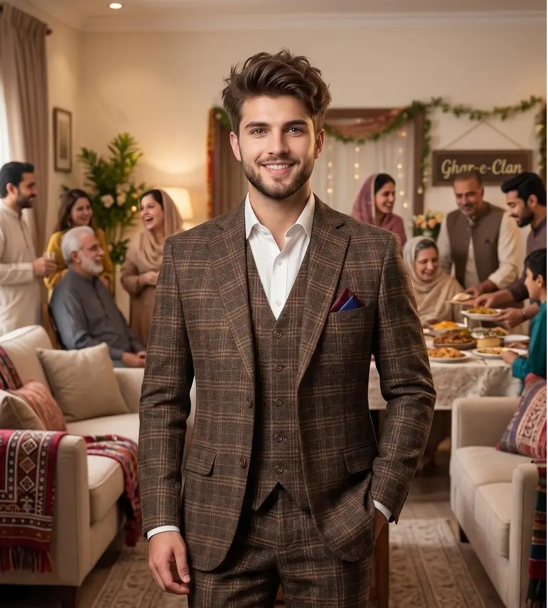 Modern brown plaid smart fit coat for men 2026 in a complete 3-piece suit style, perfect for family gatherings and weddings collection by Kamal Clan.