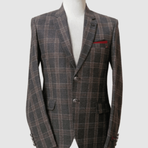 A men's charcoal grey smart fit plaid coat with a red check pattern and red pocket square by Kamal Clan.