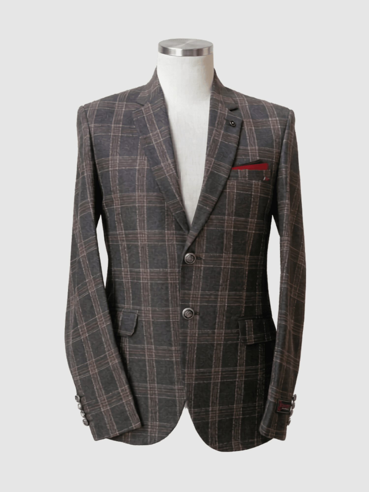 Charcoal Plaid Smart Fit Coat - Kamal Clan A men's charcoal grey smart fit plaid coat with a red check pattern and red pocket square by Kamal Clan.