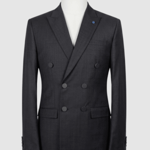 Men's midnight black smart fit coat crafted from premium Indian fabric, featuring a six-button front and sharp peak lapels.