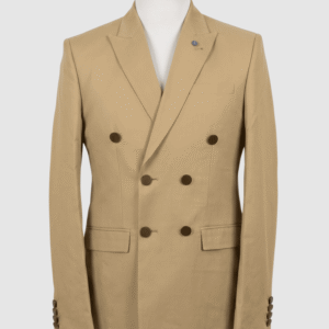 Men's premium camel tan smart fit coat crafted from high-quality Indian fabric, featuring dark contrasting buttons and sharp peak lapels.