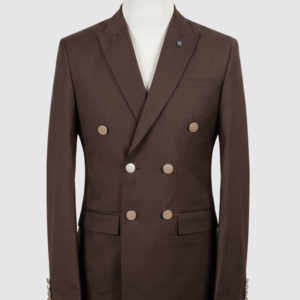 Men's premium chocolate brown smart fit coat crafted from authentic Indian fabric, featuring metallic buttons and peak lapels.