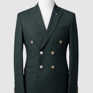 Men's premium deep hunter green windowpane smart fit coat crafted from authentic Indian fabric, featuring metallic buttons and peak lapels.