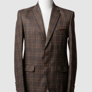 A men's tailored smart fit coat in a brown and tan plaid pattern on a mannequin. The coat features brown buttons and a solid brown pocket square. Turkish stitching and branded fabric are present.
