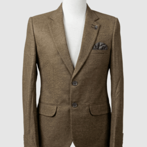 A men's tailored smart fit coat in a textured brown fabric on a mannequin. The coat features a lapel pin, dark buttons, and a dark patterned pocket square. Turkish stitching and branded fabric are present.