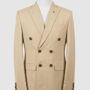 Men's sand beige textured smart fit coat tailored from premium Indian fabric, featuring dark contrasting buttons and peak lapels.