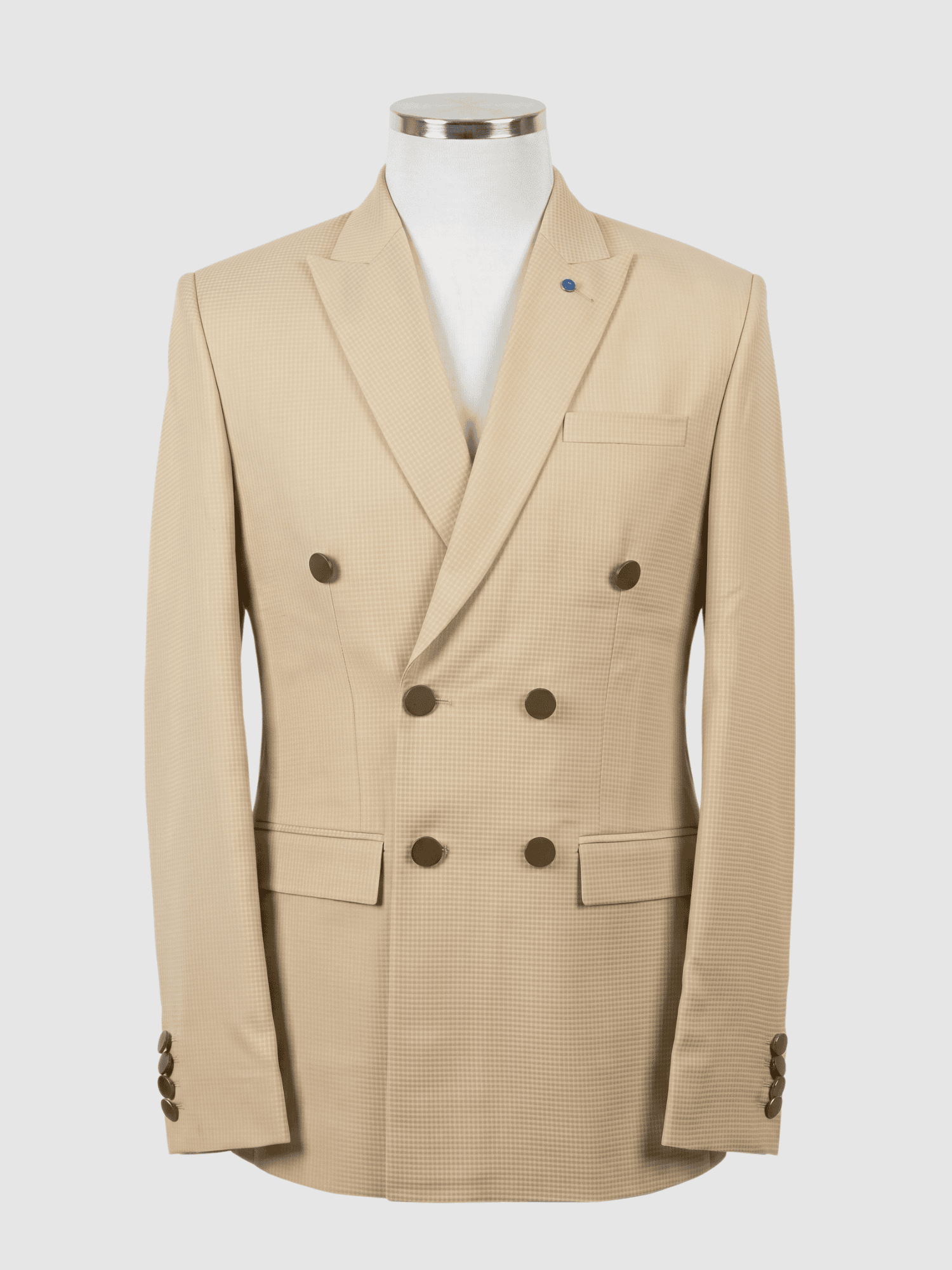 Kamal Clan Sand Beige Textured Smart Fit Coat Men's sand beige textured smart fit coat tailored from premium Indian fabric, featuring dark contrasting buttons and peak lapels.
