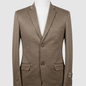 A tailored smart fit coat made of solid light brown Iranian fabric on a mannequin. The coat features a clean, minimalist design with matching buttons and no pocket square.
