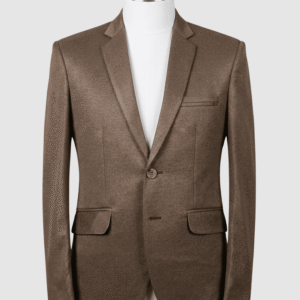 A tailored smart fit coat made of solid brown Iranian fabric on a mannequin. The coat features a clean, minimalist design with matching brown buttons and no pocket square.