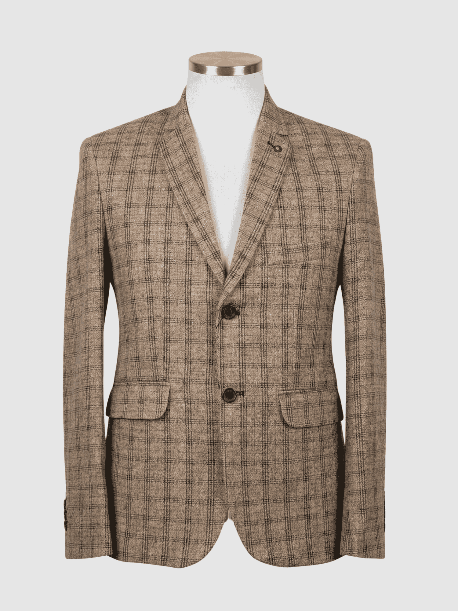 Iranian Fabric Tan Plaid Smart Fit Coat - Kamal Clan A tailored smart fit coat made of tan and dark plaid Iranian fabric on a mannequin. The coat features a sleek lapel pin, dark contrasting buttons, and a clean breast pocket.