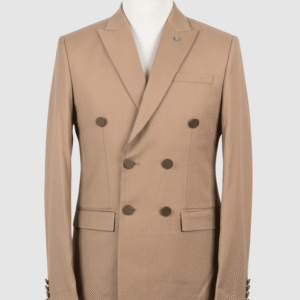 Men's warm khaki smart fit coat tailored from premium Indian fabric, featuring dark contrasting buttons and sharp peak lapels.