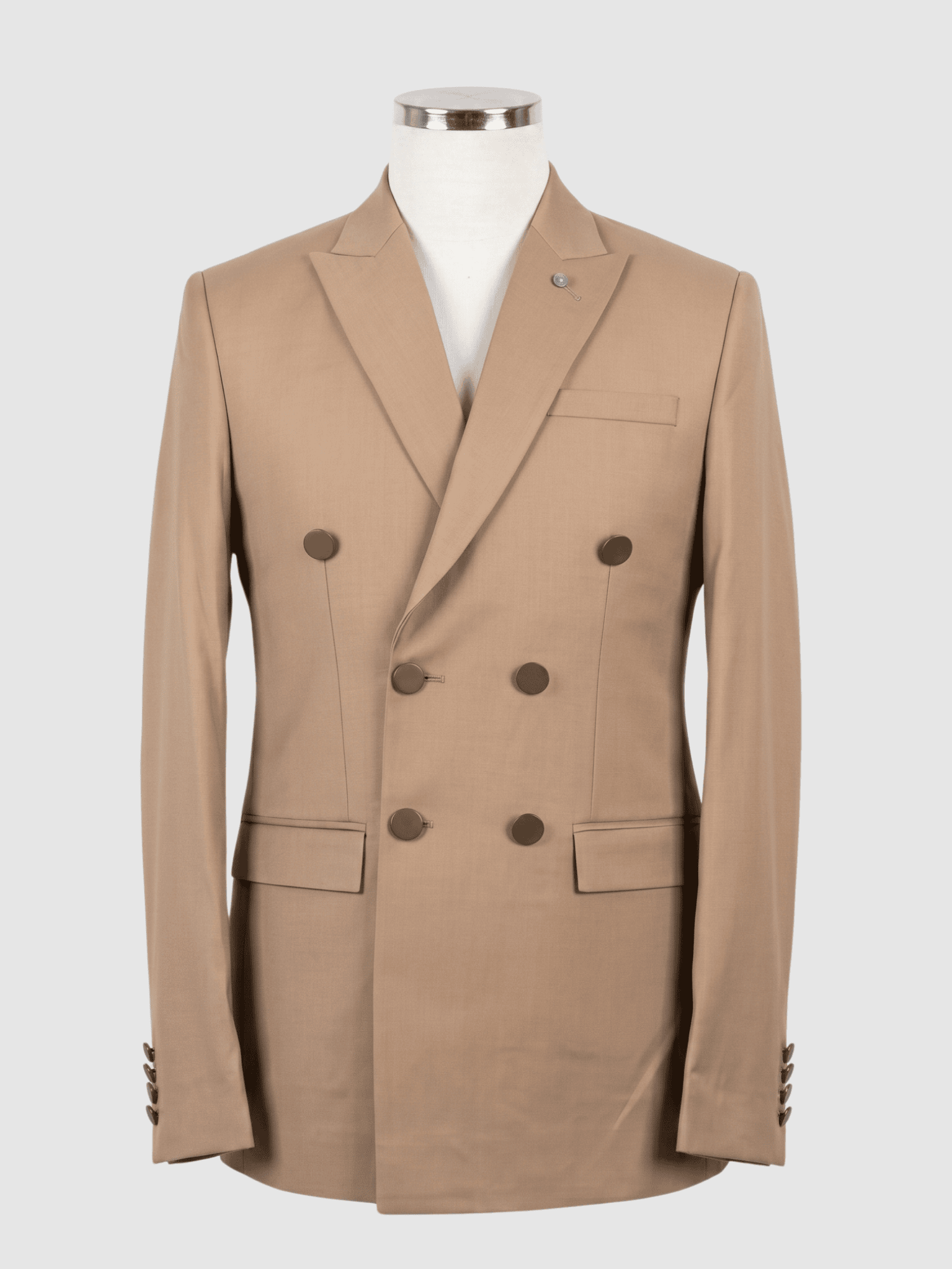 Kamal Clan Warm Khaki Smart Fit Premium Coat Men's warm khaki smart fit coat tailored from premium Indian fabric, featuring dark contrasting buttons and sharp peak lapels.