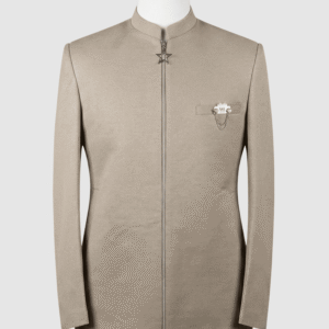 Men's solid beige zip-up coat with mandarin collar, star zipper pull, and silver chain brooch made from premium Iranian fabric