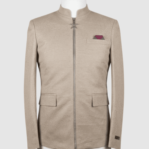 Men's solid beige zip-up coat with mandarin collar, star zipper pull, flap pockets, and maroon pocket square made from premium Iranian fabric