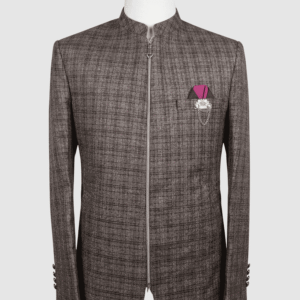 Men's dark grey micro-check zip-up coat with mandarin collar, pocket square, and silver chain brooch made from premium Iranian fabric