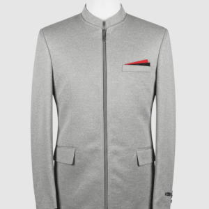 Men's light grey solid zip-up coat with mandarin collar and red pocket square made from premium Iranian fabric