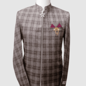 Men's grey plaid zip-up coat with mandarin collar, pocket square, and gold chain brooch made from premium Iranian fabric