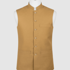 Mustard gold mandarin collar smart fit waistcoat in premium 960TR fabric by Kamal Clan