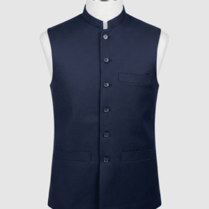 Navy blue mandarin collar waistcoat in premium 960TR fabric by Kamal Clan