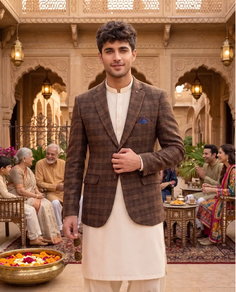 A handsome man wearing a brown plaid smart fit coat for men 2026 over a cream shalwar kameez at a family event.