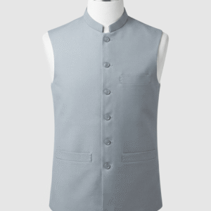 Steel grey mandarin collar smart fit waistcoat in 960TR fabric by Kamal Clan