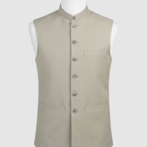 Stone beige mandarin collar waistcoat in premium 960TR fabric by Kamal Clan