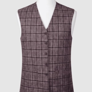 Men's charcoal brown grid check V-cut waistcoat in 960TR fabric textured formal fit