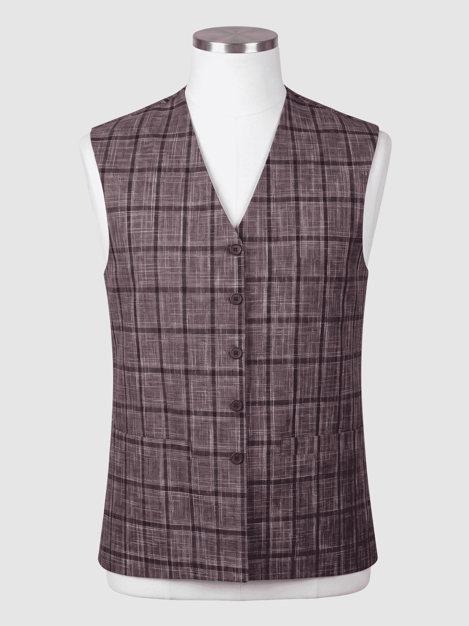 Charcoal Brown Grid Check V-Cut Waistcoat - 960TR Men's charcoal brown grid check V-cut waistcoat in 960TR fabric textured formal fit