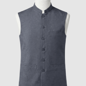 Charcoal grey mandarin collar waistcoat in premium 960TR fabric by Kamal Clan