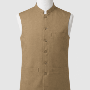 Classic brown mandarin collar waistcoat in premium 960TR fabric by Kamal Clan