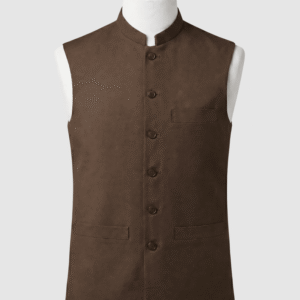 Dark brown mandarin collar waistcoat in premium 960TR fabric by Kamal Clan