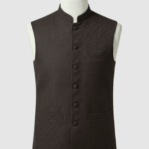 Deep espresso brown mandarin collar waistcoat in premium 960TR fabric by Kamal Clan