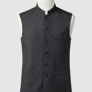 Jet black mandarin collar waistcoat in premium 960TR fabric by Kamal Clan