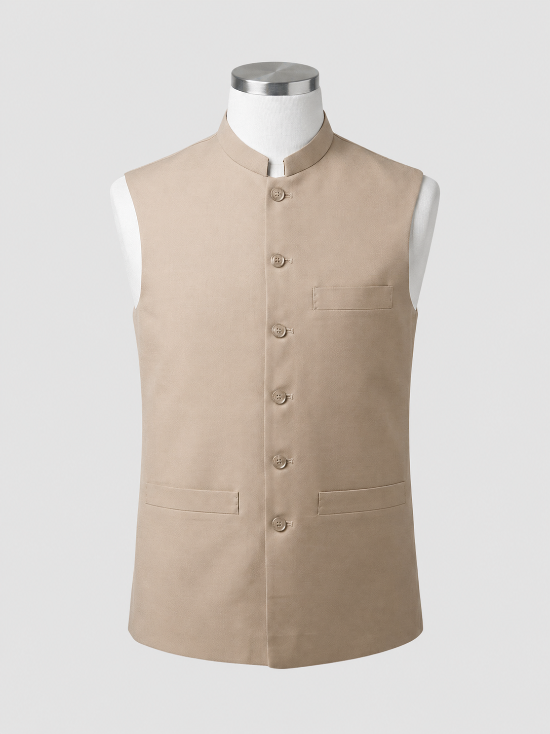 Light Tan Mandarin Collar Waistcoat - 960TR Light tan mandarin collar waistcoat in premium 960TR fabric by Kamal Clan