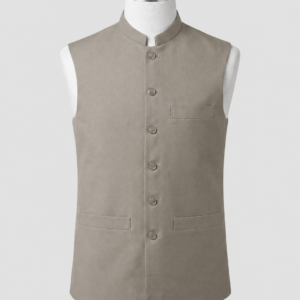 Muted earthy grey mandarin collar waistcoat in premium 960TR fabric by Kamal Clan