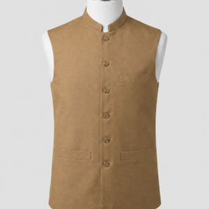Sahara tan mandarin collar waistcoat in premium 960TR fabric by Kamal Clan