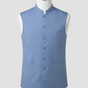 Slate blue mandarin collar waistcoat in premium 960TR fabric by Kamal Clan