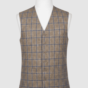 Men's tan windowpane check V-cut waistcoat in 960TR fabric