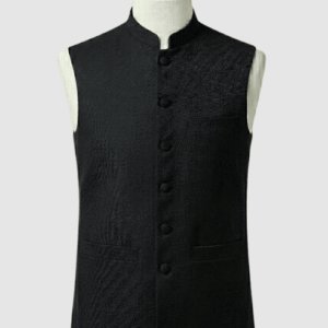 Textured black mandarin collar waistcoat in premium 960TR fabric by Kamal Clan