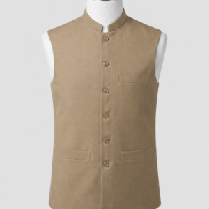 Warm taupe mandarin collar waistcoat in premium 960TR fabric by Kamal Clan